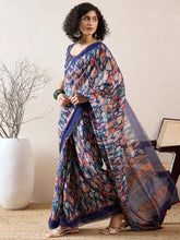 Women Blue Linen Abstract Printed Saree-VFSAR1004